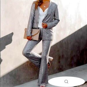 Silver Glitter Lurex Women's Blazer Pantsuit